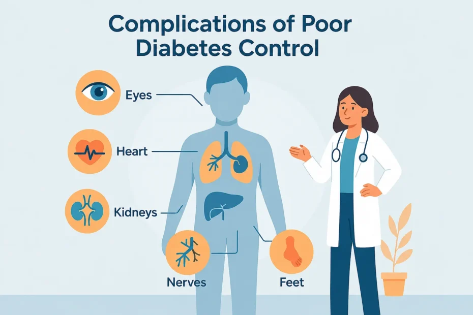 Doctor explaining diabetes mellitus complications affecting the eyes, kidneys, nerves, and heart