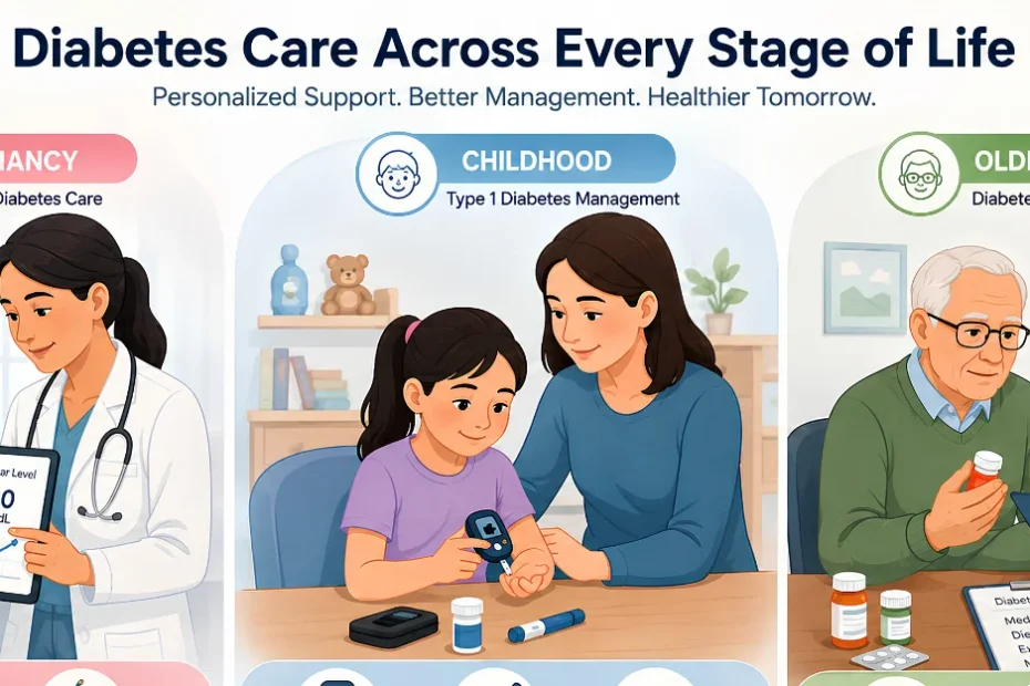 Diabetes in pregnancy, children, and older adults showing gestational diabetes, type 1 diabetes in children, and diabetes management for elderly patients.